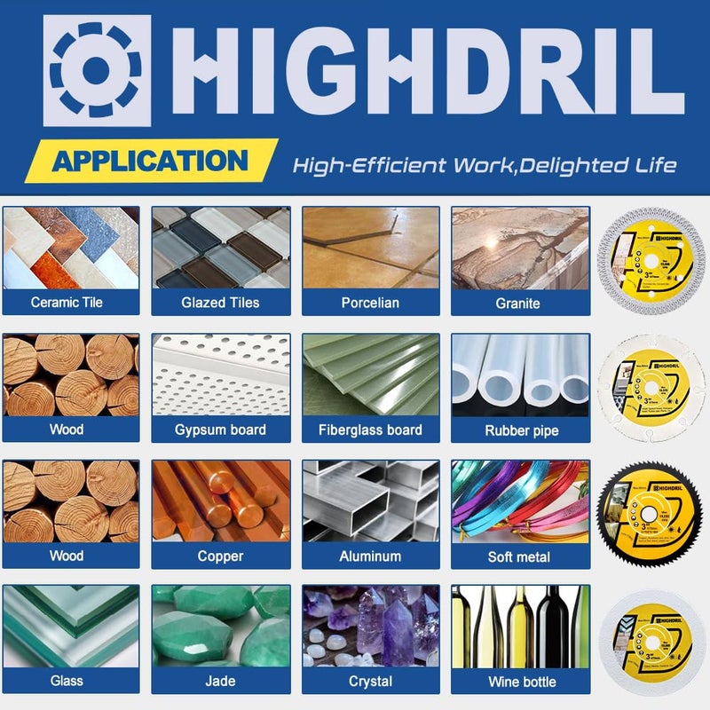 HIGHDRIL 3" 75mm Circular Saw Blade Set 4pcs - Diamond/HSS/Carbide Cutting Disc for Angle Grinder Cutting Soft Metal Copper Aluminum Tile Marble Granite Plastic Wood Glass - Image 3
